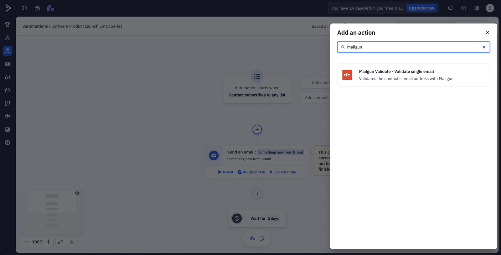 ActiveCampaign automation builder with the Add an action panel open, showing Mailgun Validate - Validate single email as the search result for mailgun