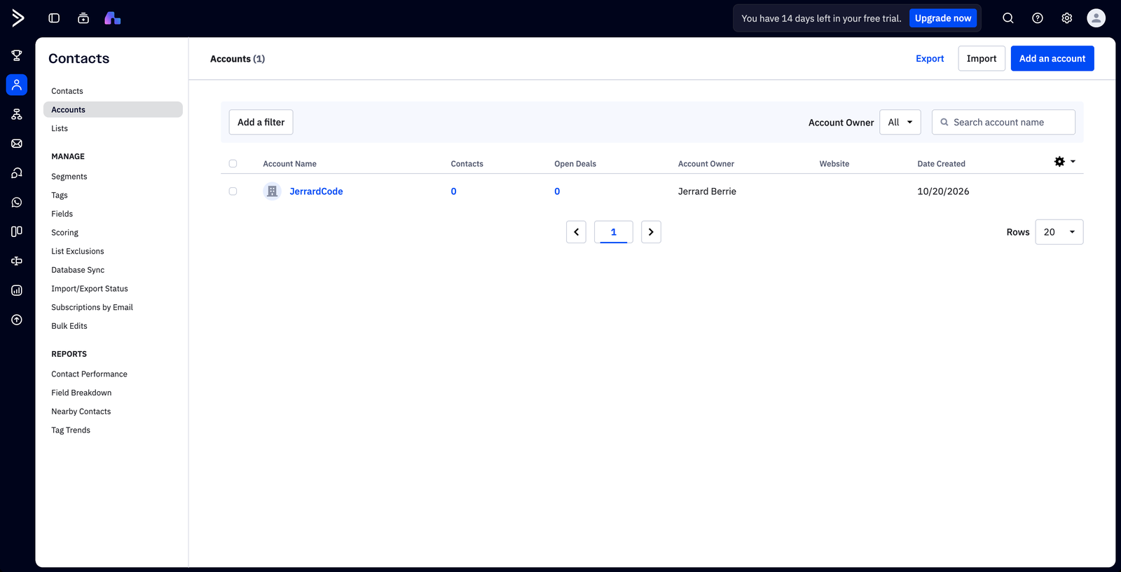 ActiveCampaign Accounts page under Contacts listing one account, with an Add an account button