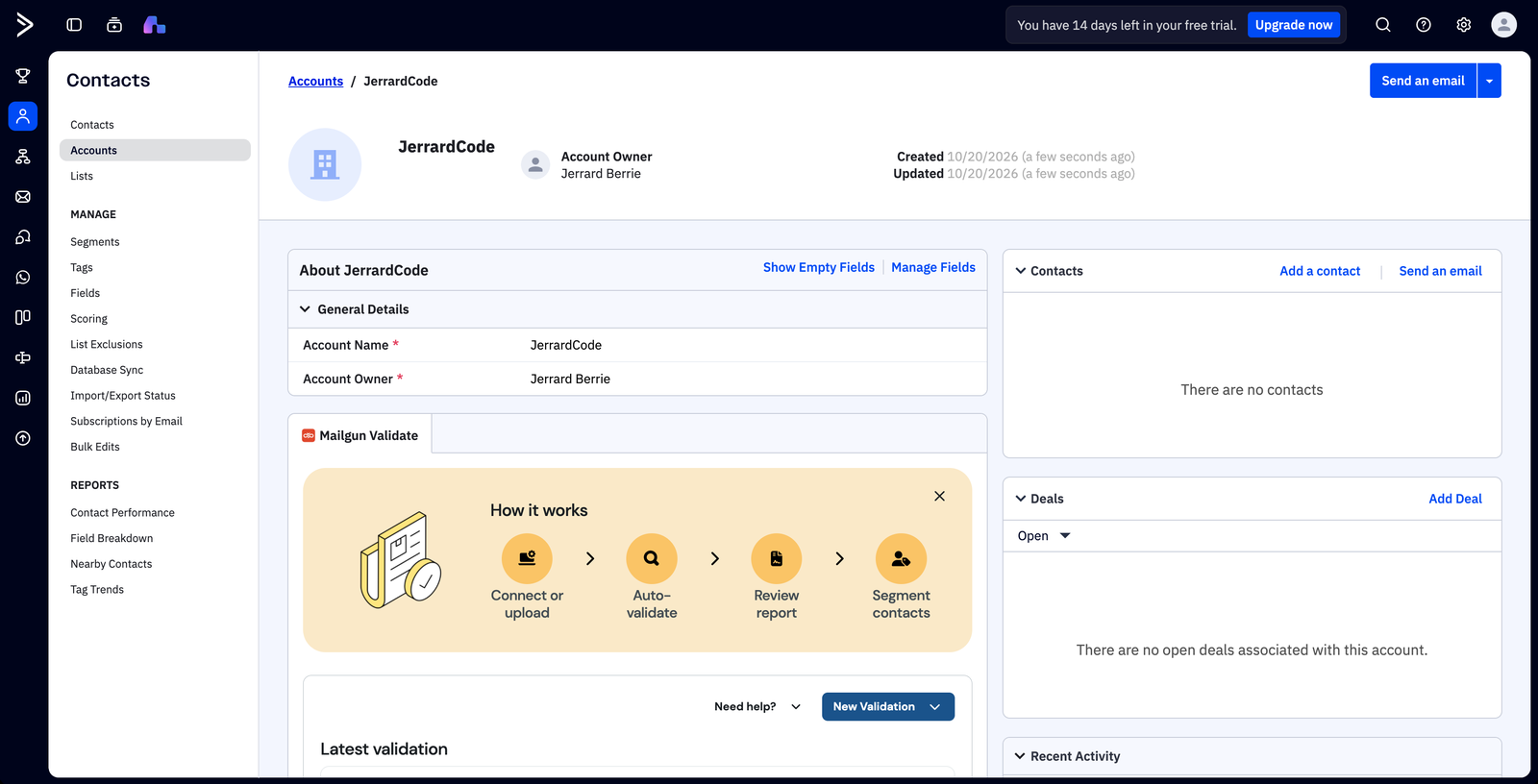 ActiveCampaign account record with the Mailgun Validate panel below General Details, showing the How it works steps and a New Validation button