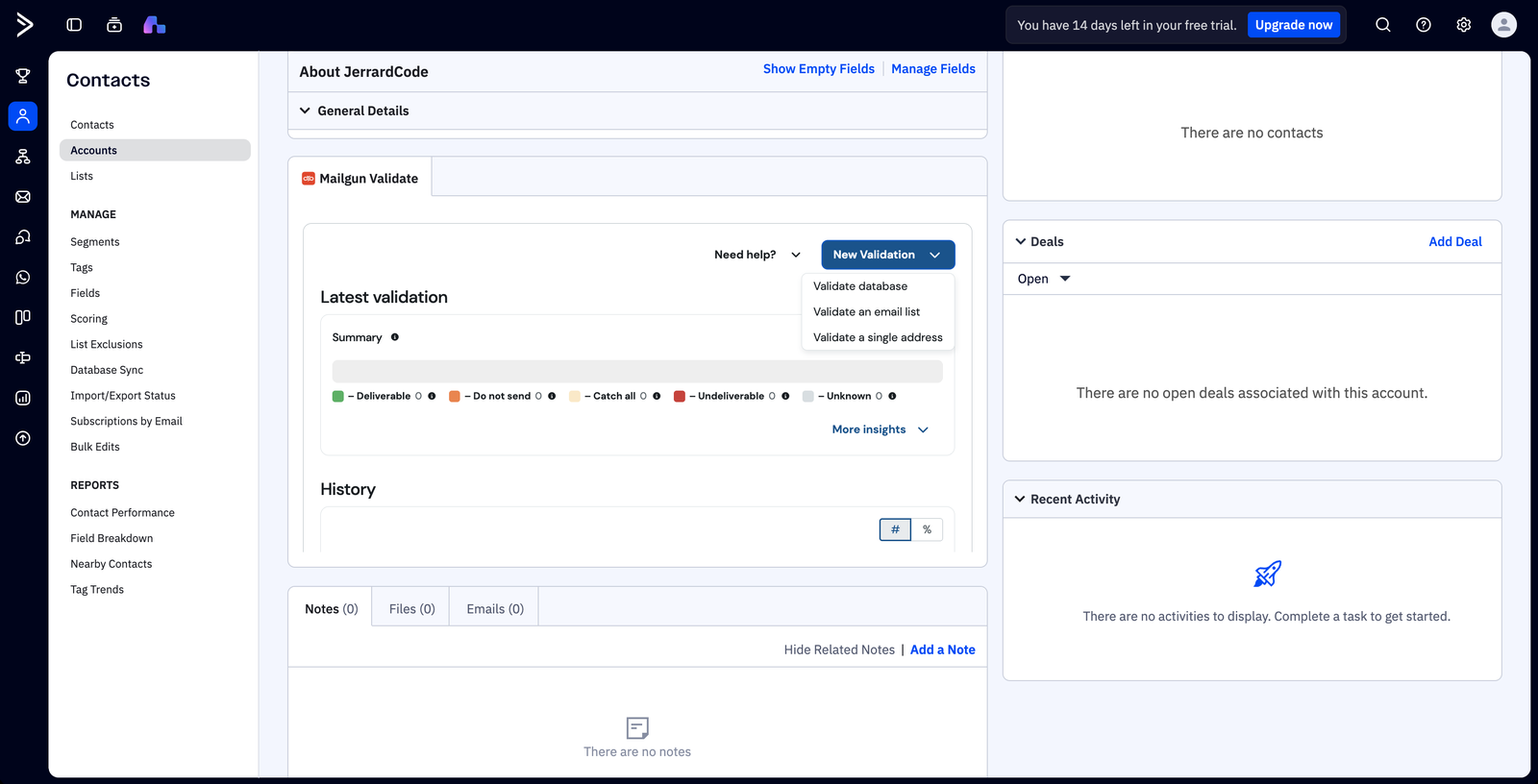 Mailgun Validate panel with the New Validation menu open, showing Validate database, Validate an email list, and Validate a single address