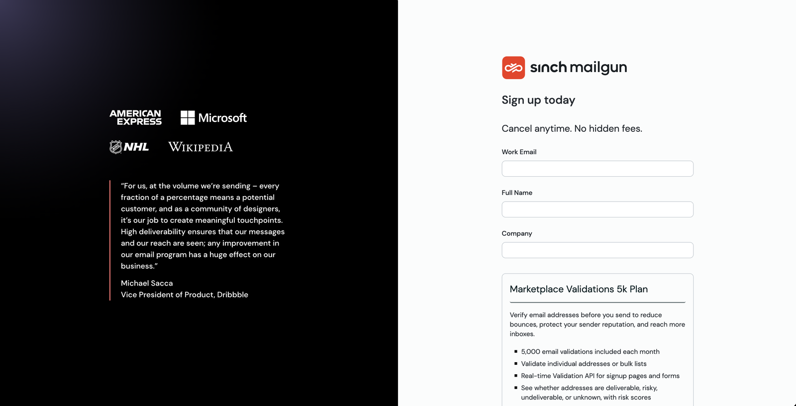 Mailgun signup page with Work Email, Full Name, and Company fields and the Marketplace Validations 5k Plan summary