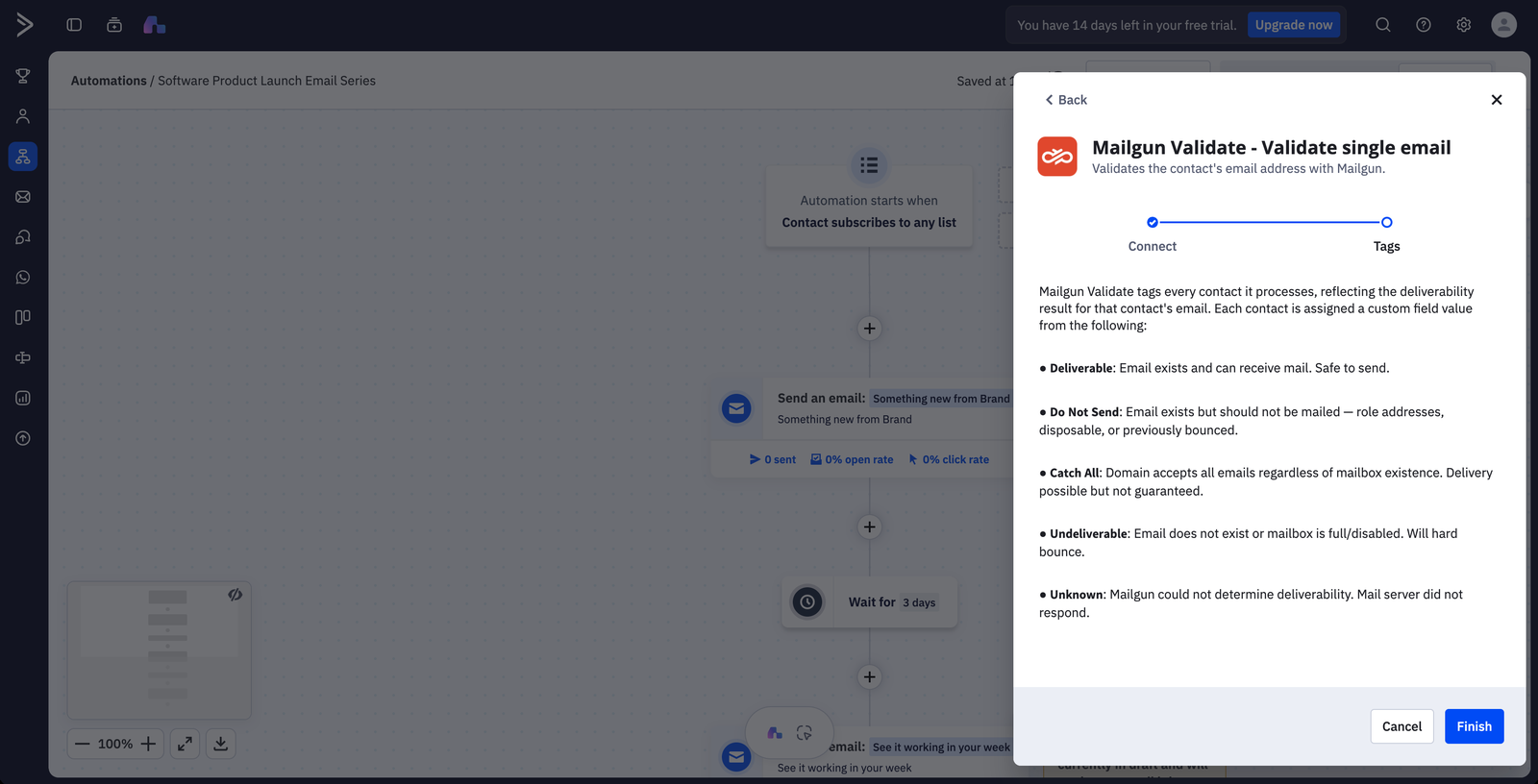 Tags step of the Mailgun Validate action listing the Deliverable, Do Not Send, Catch All, Undeliverable, and Unknown results, with a Finish button