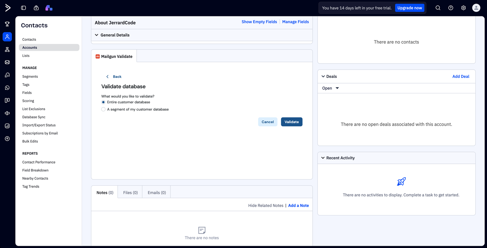 Validate database screen with options for Entire customer database or A segment of my customer database, and a Validate button